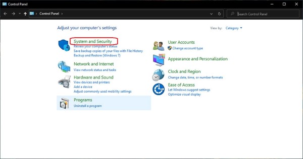 Chọn System and Security