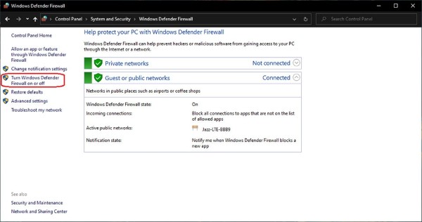Nhấn Turn Windows Defender Firewall on or off