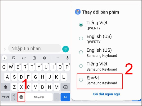 Chọn 한국어 (Hàn Quốc)
