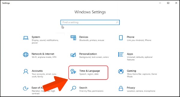 Chọn Time & Language (Thời gian và ngôn ngữ)