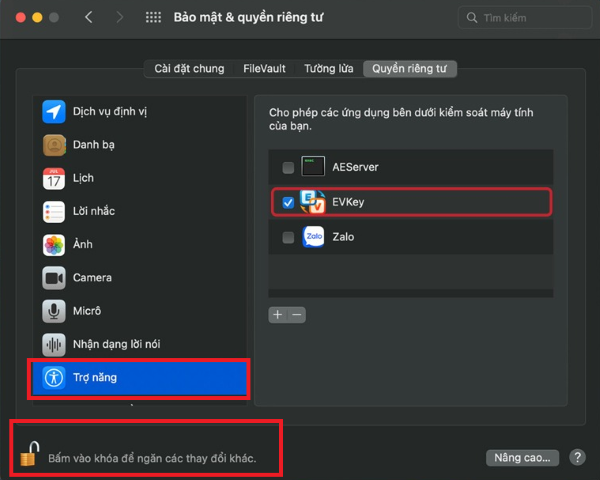 Tại mục Accessibility, nhấn biểu tượng ổ khóa và nhập mật khẩu