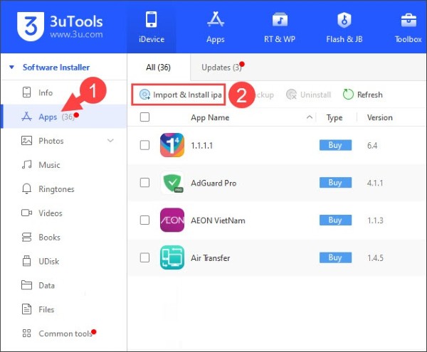 Chọn Apps, nhấn Import & Install IPA