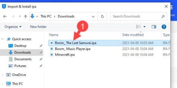Chọn file IPA cần cài