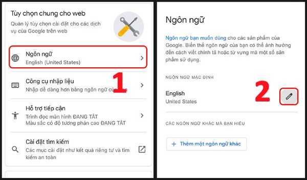 Chọn mục “Ngôn ngữ” (Language)