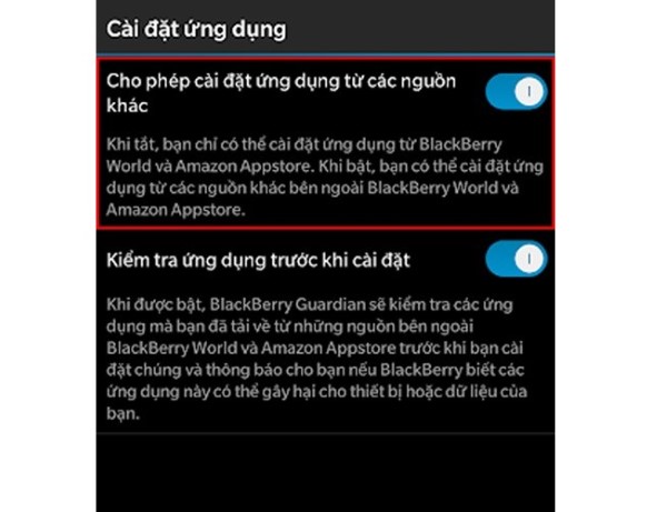 Bật Cho phép cài đặt ứng dụng từ các nguồn khác