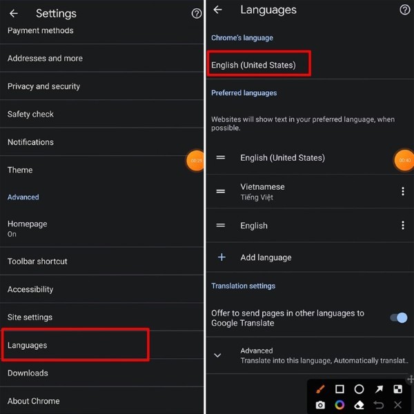 Chọn Languages (Ngôn ngữ)