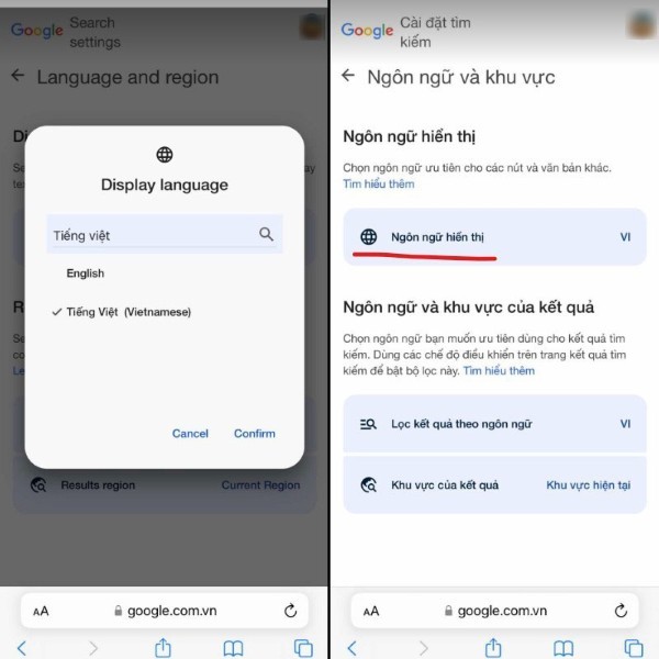 Giao diện hiển thị bằng tiếng Việt