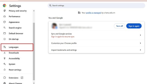 Chọn Languages (Ngôn ngữ)