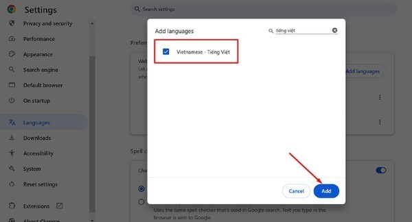 Nhấn chọn “Vietnamese - Tiếng Việt”