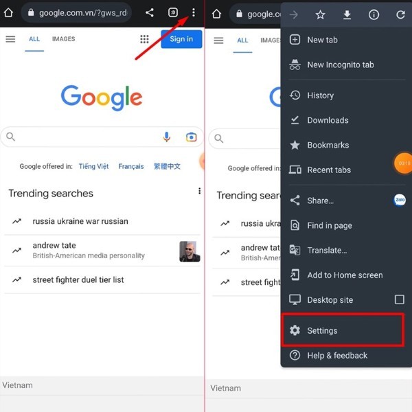 Chọn Settings (Cài đặt)