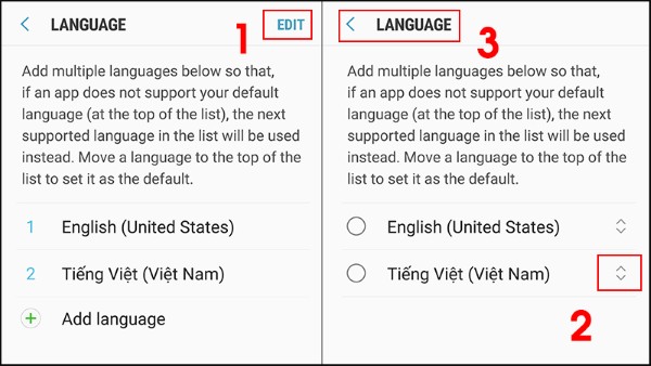 Giữ và kéo Tiếng Việt (Việt Nam) lên vị trí đầu tiên