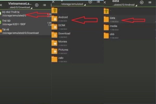 Chọn Bộ nhớ thiết bị > Android > data