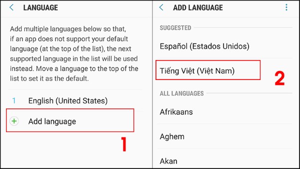 Tìm và chọn Tiếng Việt