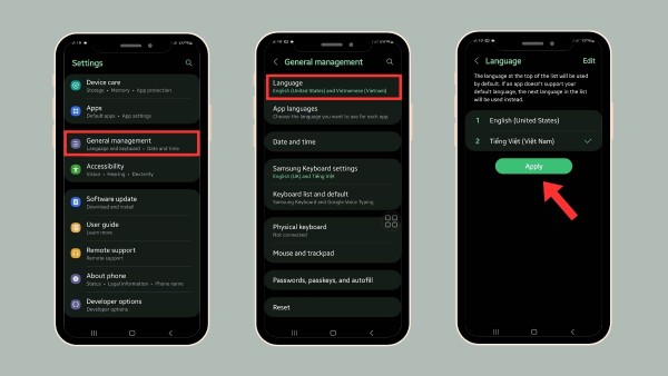 Nhấn Apply hoặc Set as default để hoàn tất cài tiếng Việt 