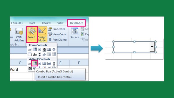Mở tab Developer → chọn Insert → chọn ComboBox