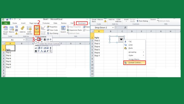 Mở Developer → Insert → Form Control → ComboBox