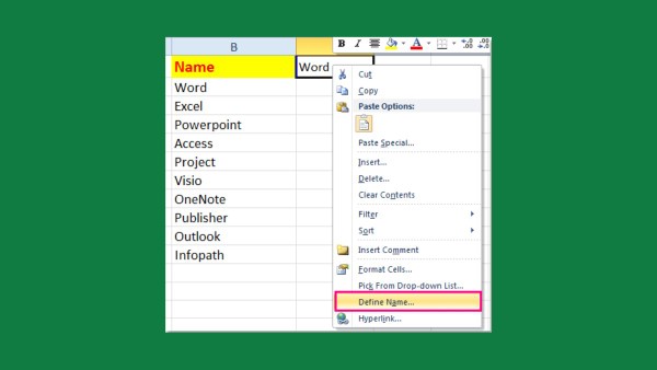 Nhấn chuột phải → chọn Define Name 