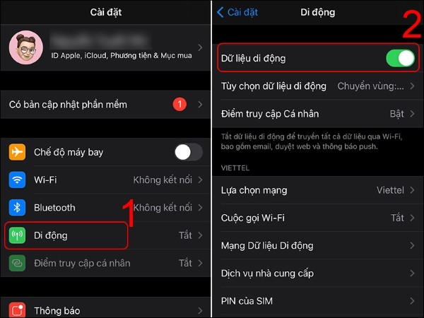 Chọn Di động > Dữ liệu di động