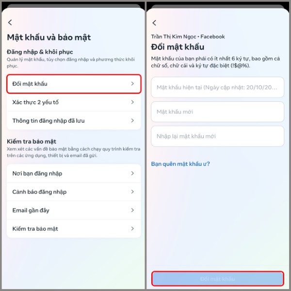 Nhập mật khẩu hiện tại và mật khẩu mới