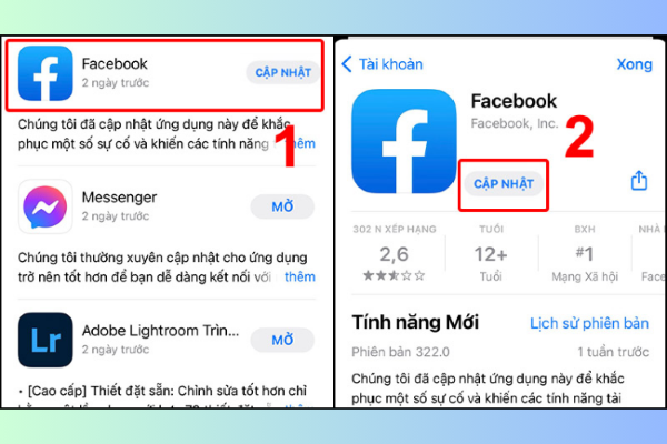 Nhấn Cập nhật ứng dụng Facebook