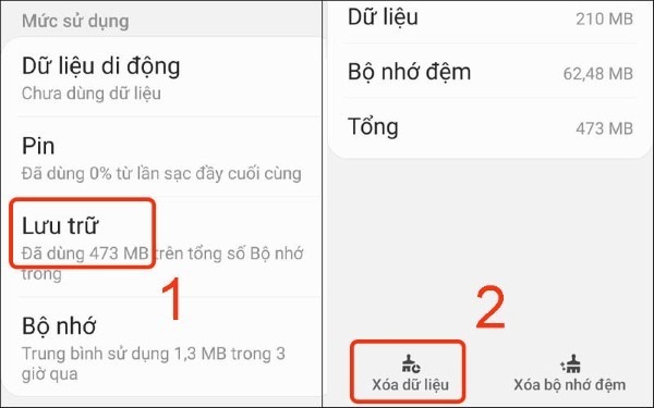 Chọn Lưu trữ > Nhấn Xóa bộ nhớ đệm