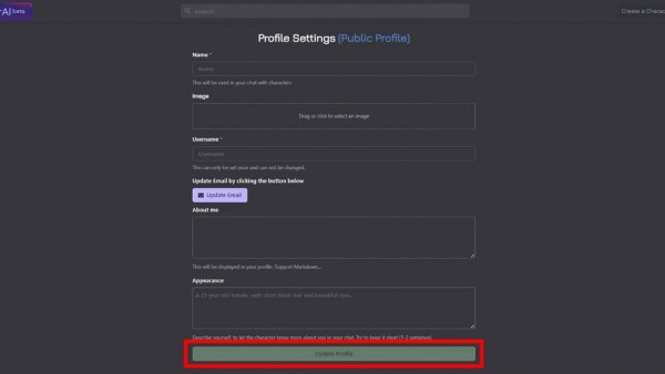 Nhập thông tin người dùng và nhấn Update Profile