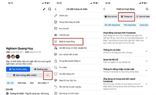 Mở Nhật ký hoạt động > chọn Thùng rác
