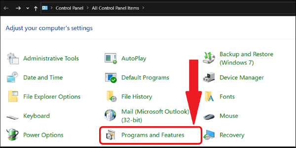 Chọn Programs > Programs and Features