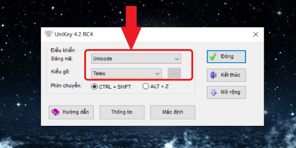 Chọn Bảng mã Unicode và kiểu gõ Telex hoặc VNI