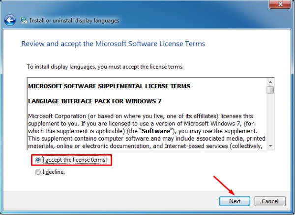 Đánh dấu chọn vào ô I accept the license terms 