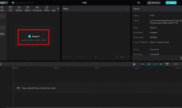 Nhấn nút Import để tải lên video cần chỉnh sửa 
