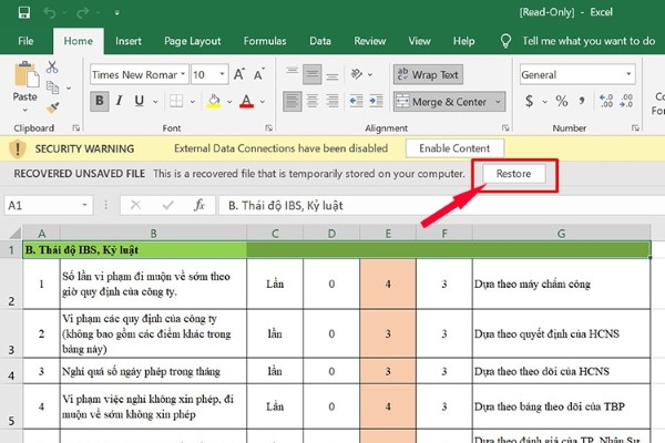 Chọn Restore để khôi phục lại nội dung cũ