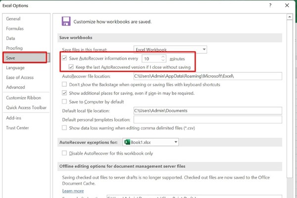 Chọn Save AutoRecover information every [x] minutes