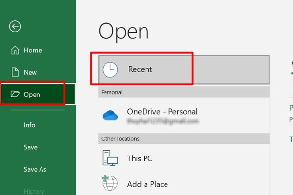Chọn Open → nhấn Recent