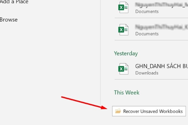 Chọn Recover Unsaved Workbooks