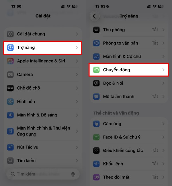 Mở Cài đặt → Trợ năng → Chuyển động