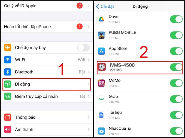 Bật chế độ cho phép dùng dữ liệu di động cho ứng dụng xem camera
