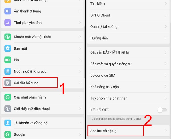 Chọn Cài đặt bổ sung → nhấn Sao lưu và đặt lại