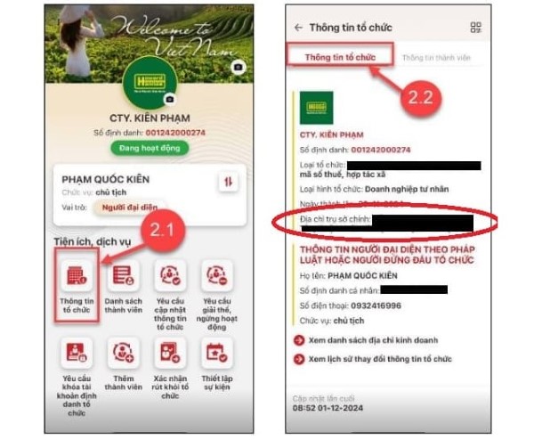 Chọn mục “Thông tin tổ chức” 