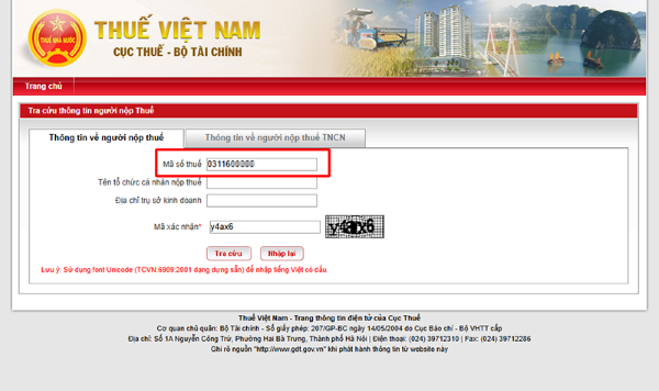 Nhập thông tin mã số thuế