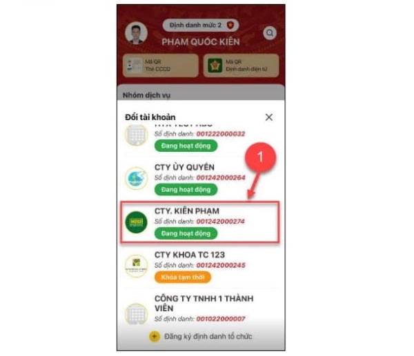 Chọn Tổ chức cần xem thông tin tại phần “Đổi tài khoản”