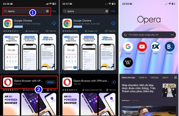 Gõ tìm kiếm “Opera Browser with VPN” và nhân “Nhận”