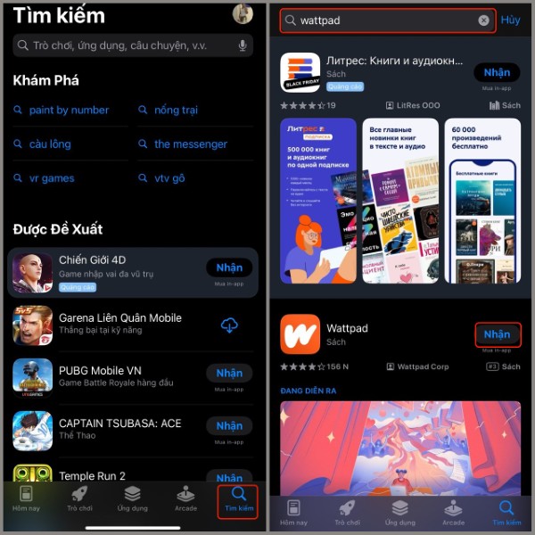 Mở App Store hoặc CH Play và nhập từ khóa “Wattpad”