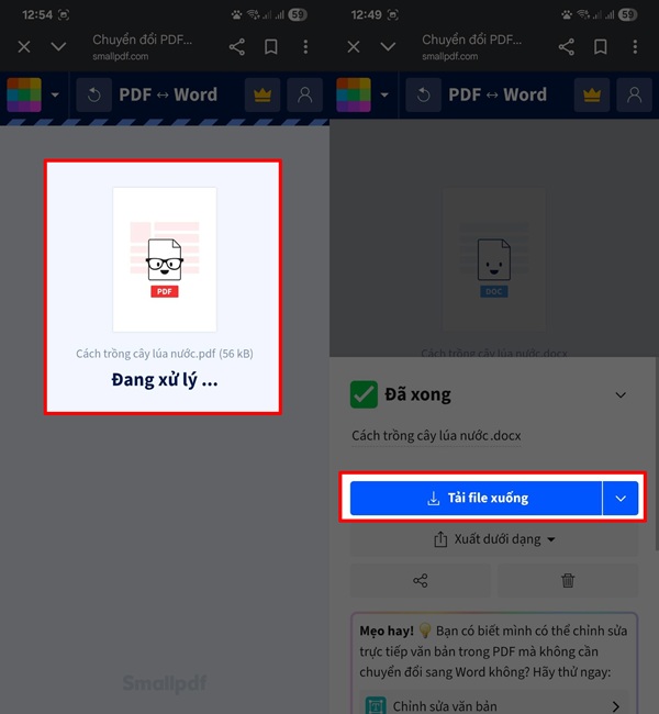 Khi quá trình xử lý xong, bạn nhấn vào nút Tải file xuống hoặc download để tải file Word