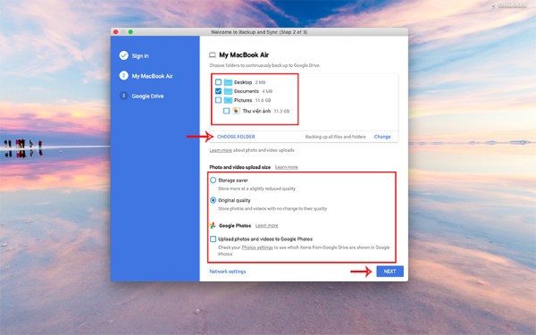 Nhấn chọn các thư mục muốn đồng bộ