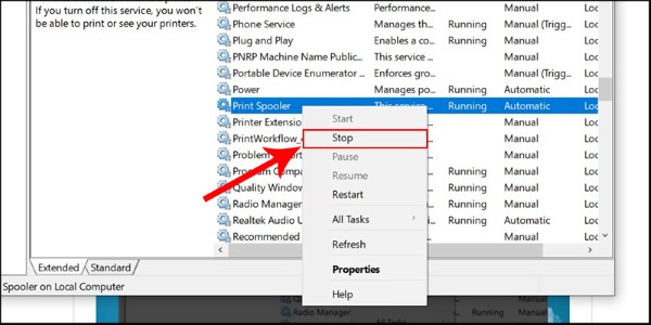 Chọn Stop để tắt tiến trình in