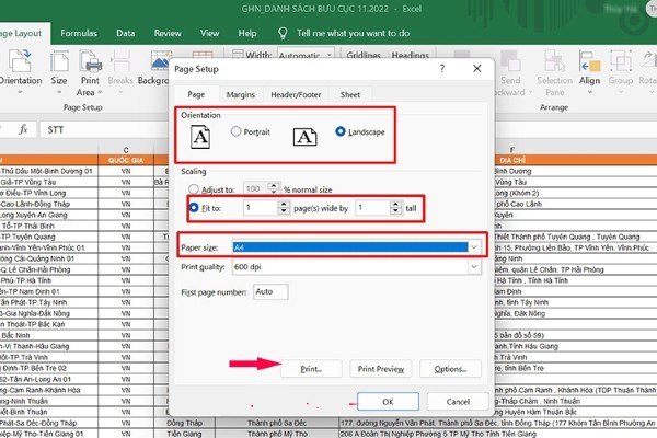 Chọn Portrait để in dọc hoặc Landscape để in ngang