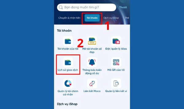 Chọn Tài khoản → Lịch sử giao dịch