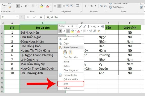 Nhấn chuột phải chọn Hide
