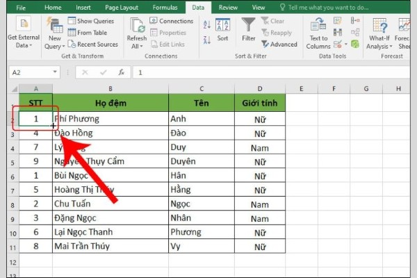 Điền số 1 vào ô đầu tiên của cột thứ tự